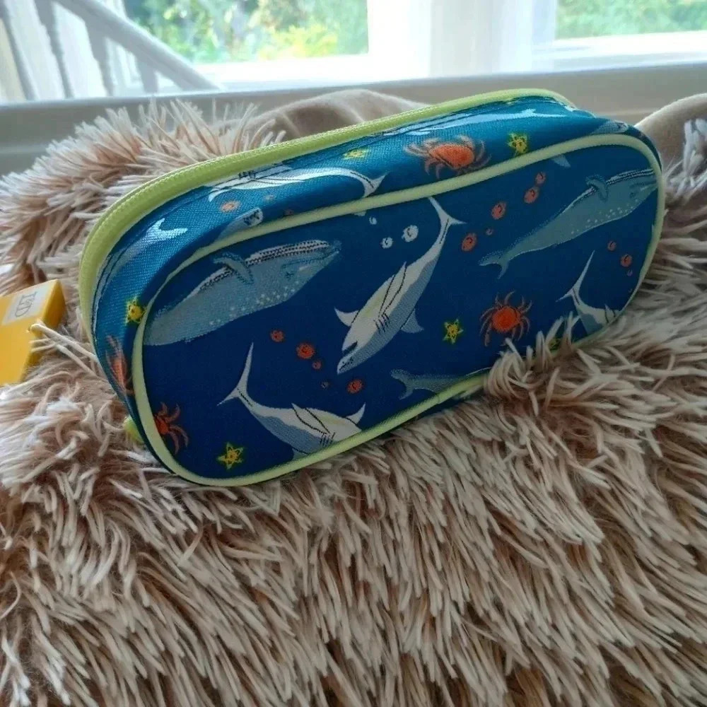 Green blue fish shark boys pencil case purse bag decor satchel zipper pouch